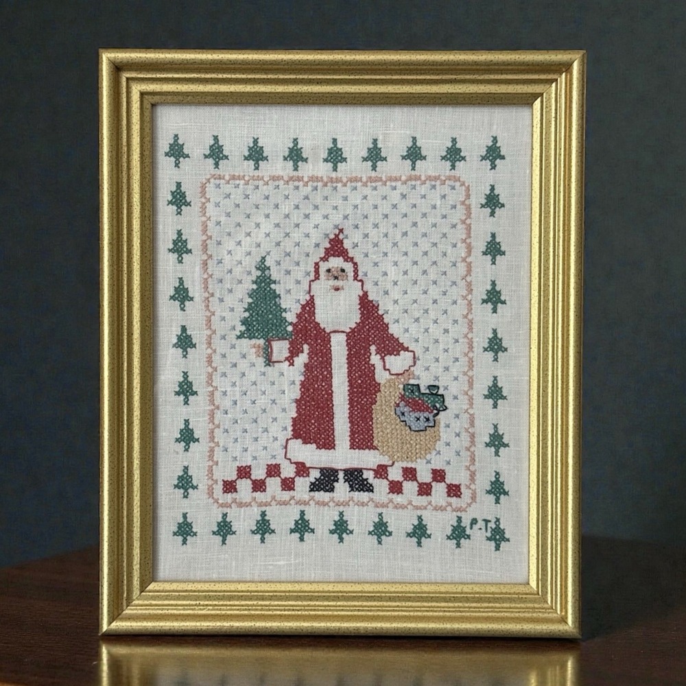 Vintage Style Santa Cross Stitch Framed Art 9x11 Christmas Decor